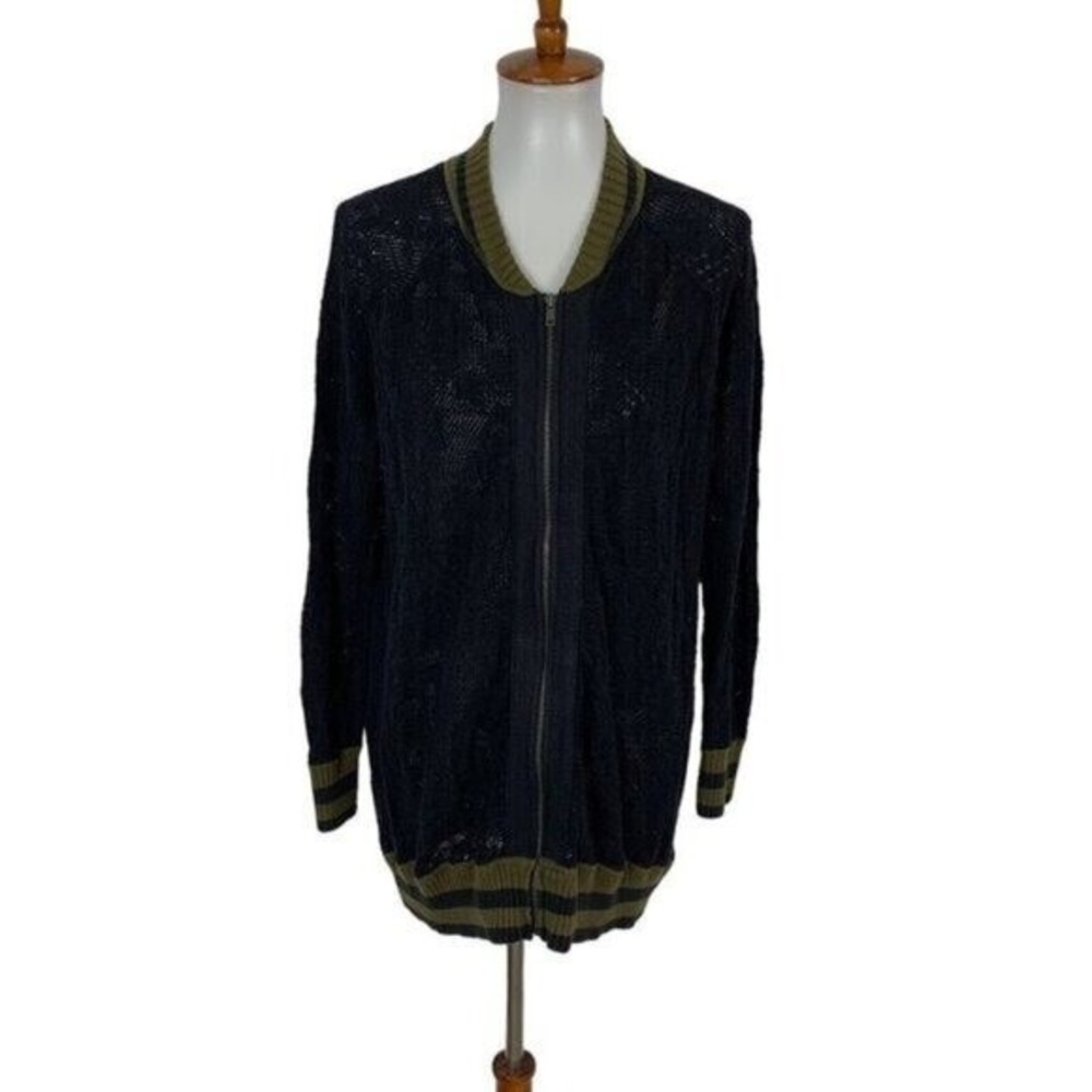 Free People Women's Sweater Medium Full Zip Knit Navy Oversized